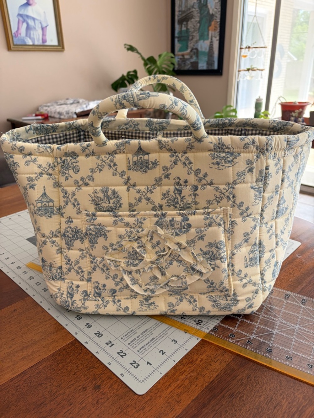 Quilted Floral Tote Bag in Cream and Blue
